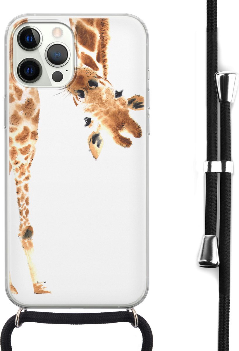 Hoesje met koord - Geschikt voor iPhone 12 Pro Max - Giraffe - Verstelbaar zwart koord - Bruin, Transparant - Giraffe - Leuke Telefoonhoesjes
