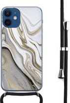Hoesje met koord - Geschikt voor iPhone 12 Mini - Marmer wit goud - Verstelbaar zwart koord - Transparant, Goud, Wit - Marmer - Leuke Telefoonhoesjes