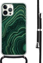 Hoesje met koord - Geschikt voor iPhone 12 Pro Max - Marmer groen agate - Verstelbaar zwart koord - Transparant, Groen - Marmer - Leuke Telefoonhoesjes