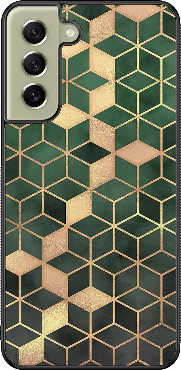 Leuke Telefoonhoesjes - Hoesje geschikt voor Samsung Galaxy S21 FE - Groen kubus - Backcover zwart - Print / Illustratie - Groen