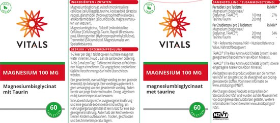 Verpakking Vitals Magnesium 100 MG met Taurine, 60 tabletten. Informatie over ingrediënten, samenstelling en gebruik.
