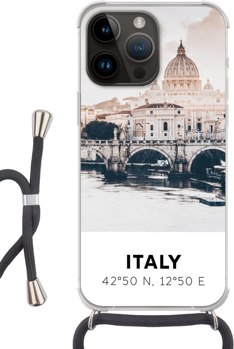 Telefoonhoesje Geschikt voor Apple Iphone 14 Pro - Italië - Brug - Rivier - Siliconen - Crossbody - Backcover met Koord - Telefoonhoesje met koord - Hoesje met touw Telefoonhoesje