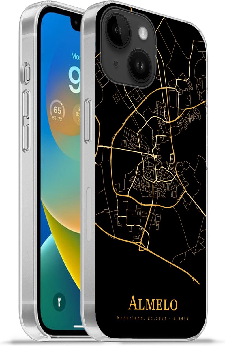 Telefoonhoesje Geschikt voor Apple Iphone 14 hoesje - Almelo - Kaart - Goud - Zwart - Siliconen Telefoonhoesje Telefoonhoesje