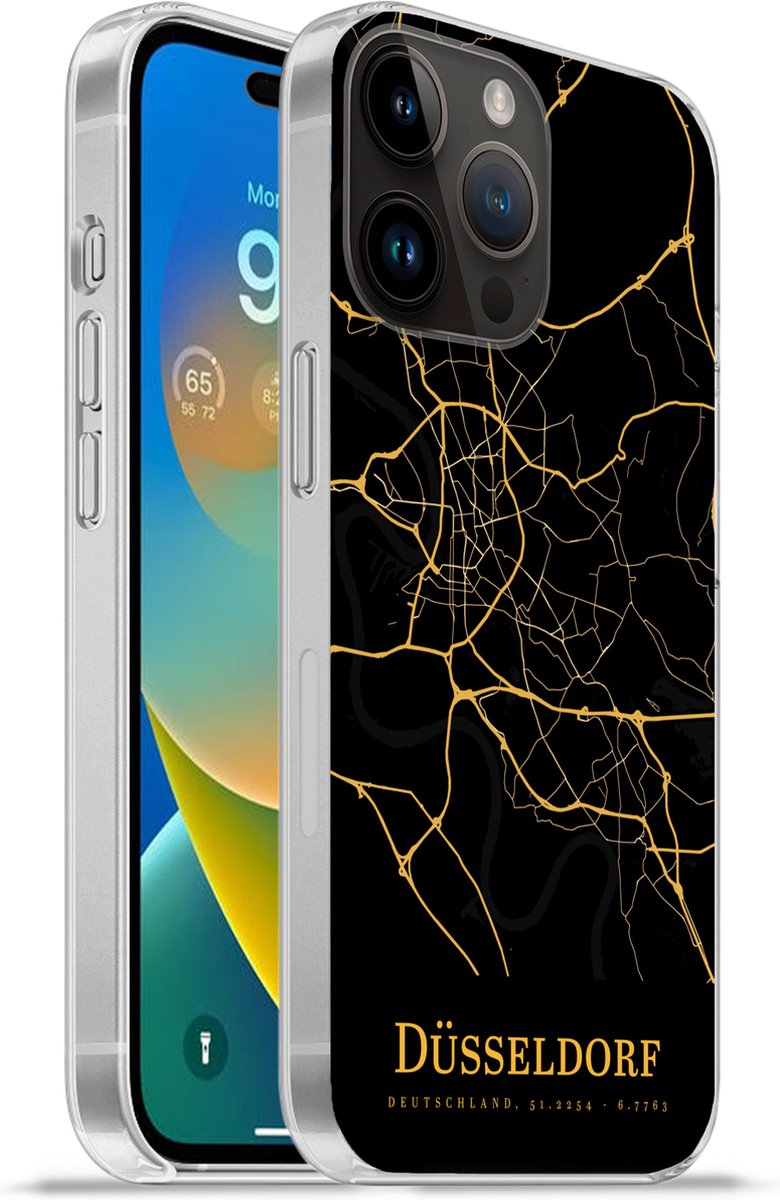 Telefoonhoesje Geschikt voor Apple Iphone 14 Pro hoesje - Düsseldorf - Kaart - Goud - Siliconen Telefoonhoesje Telefoonhoesje