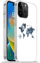Geschikt voorApple Iphone 14 Pro - Softcase hoesje - Wereldkaart - blauw - Kompas - Siliconen Telefoonhoesje