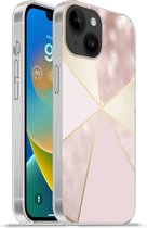 Geschikt voorApple Iphone 14 - Softcase hoesje - Marmer print - Roze - Goud - Chic - Siliconen Telefoonhoesje