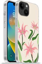 Geschikt voorApple Iphone 14 - Softcase hoesje - Bloem - Roze - Bladeren - Siliconen Telefoonhoesje