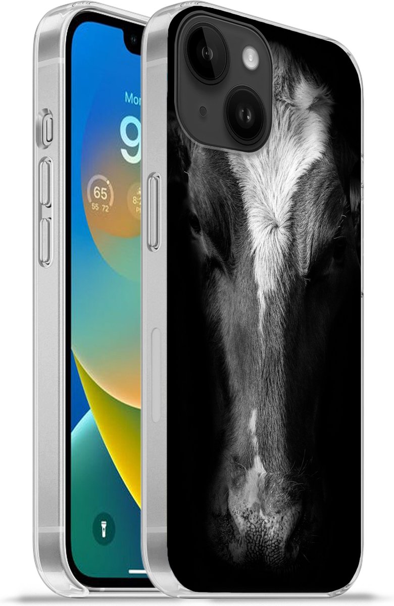 Telefoonhoesje Geschikt voor Apple Iphone 14 hoesje - Portretfoto koe op zwarte achtergrond in zwart-wit - Siliconen Telefoonhoesje Telefoonhoesje
