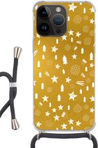 Geschikt voorApple Iphone 14 Pro - Crossbody Case - Kerst - Feest - Goud - Siliconen - Crossbody - Backcover met Koord - Telefoonhoesje met koord - Hoesje met touw