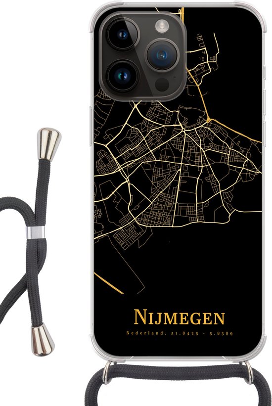 Telefoonkoord - Telefoonketting - Telefoonhoesje Geschikt voor Apple Iphone 14 Pro - Nijmegen - Kaart - Goud - Zwart - Siliconen - Crossbody - Telefoonhoesje met koord Telefoonhoesje
