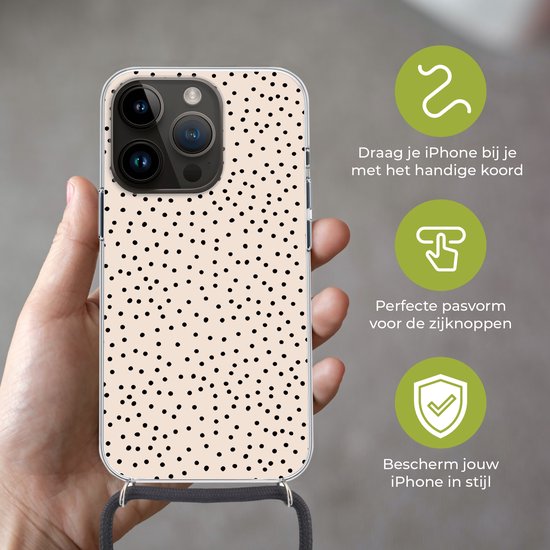 Cordon de téléphone - Chaîne de téléphone - Étui de téléphone Convient pour Apple Iphone 14 Pro - Dot - Beige - Zwart - Siliconen - Bandoulière - Étui de téléphone avec cordon Étui de téléphone