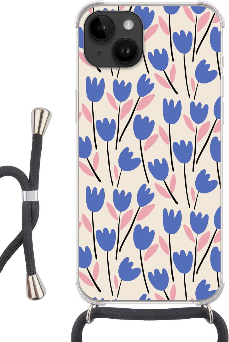 Telefoonhoesje Geschikt voor Apple Iphone 14 - Bloem - Patronen - Tulp - Siliconen - Crossbody - Backcover met Koord - Telefoonhoesje met koord - Hoesje met touw Telefoonhoesje