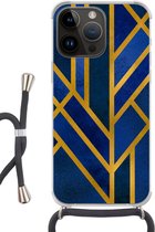 Geschikt voorApple Iphone 14 Pro - Crossbody Case - Goud - Blauw - Luxe - Siliconen - Crossbody - Backcover met Koord - Telefoonhoesje met koord - Hoesje met touw
