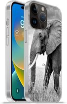 Geschikt voorApple Iphone 14 Pro Max hoesje - Olifant - Gras - Dieren - Zwart wit - Siliconen Telefoonhoesje