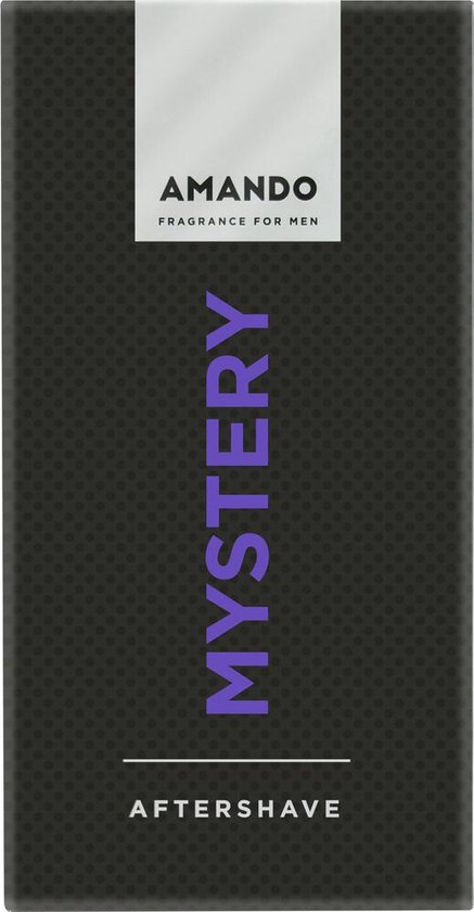 Zwarte doos met 'AMANDO FRAGRANCE FOR MEN MYSTERY AFTER SHAVE' opdruk.
