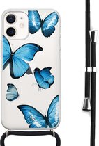 Casimoda® hoesje met koord - Geschikt voor iPhone 12 Mini - Blauwe Vlinders - Afneembaar koord - Siliconen/TPU - Blauw
