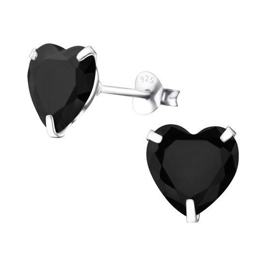 Joy|S - Zilveren hart oorbellen - 10 mm - kristal zwart
