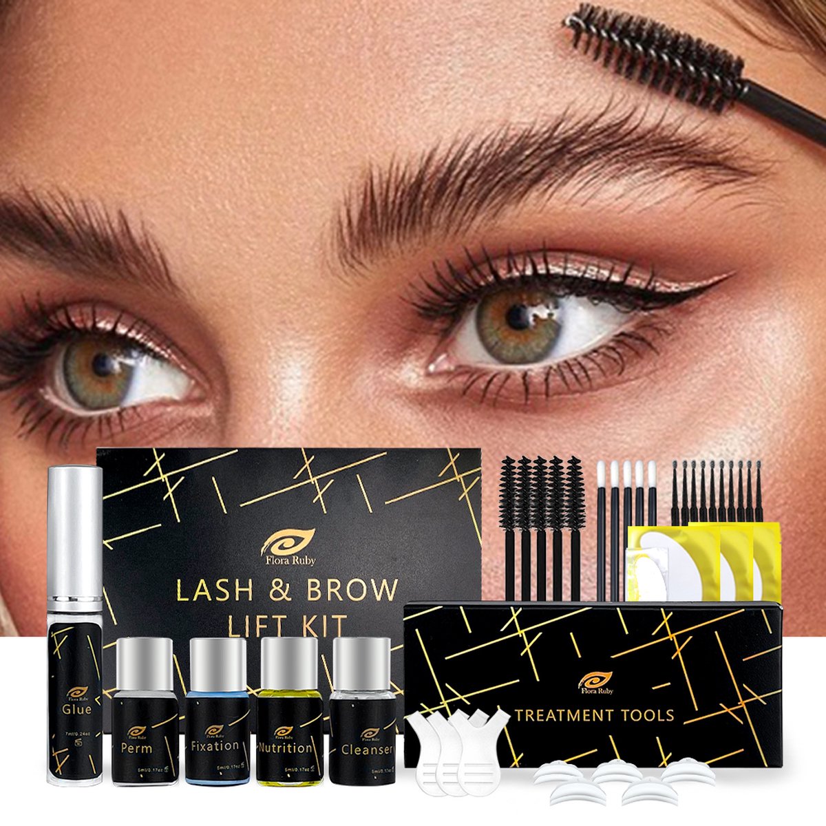 Flora Ruby Professionele 2 in 1 Lash Lift & Brow Lamination Kit - Wimper & Wenkbrauw Lifting Set - Permanente Wimperkruller - Brow Soap
