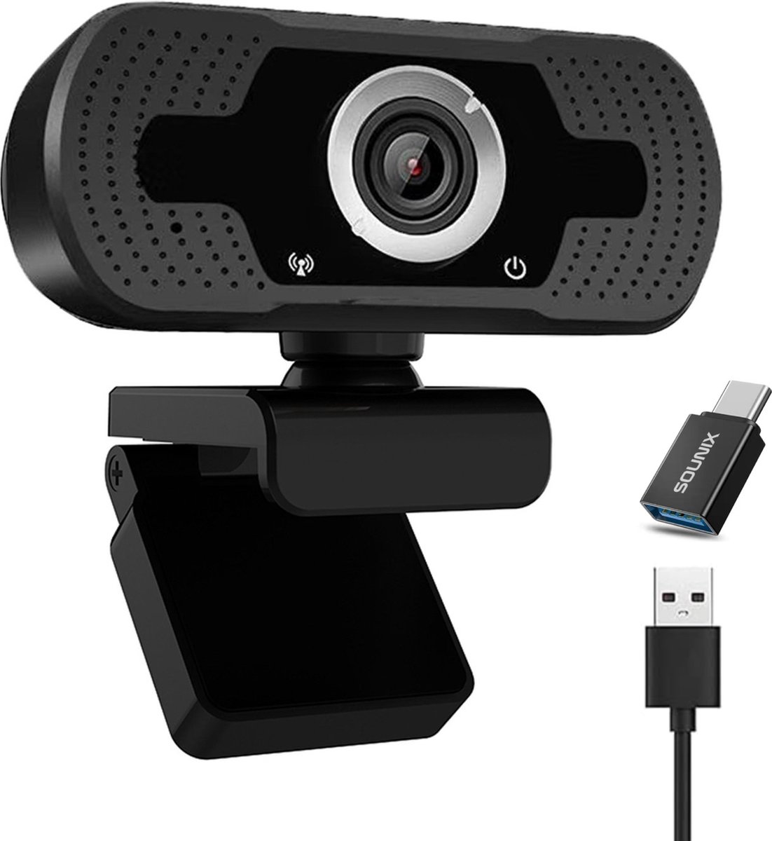 Sounix Webcam - 1080P Full HD - Plug&Play - met Microfoon en Montagevoet - voor Skype, Teams & Zoom - Zwart