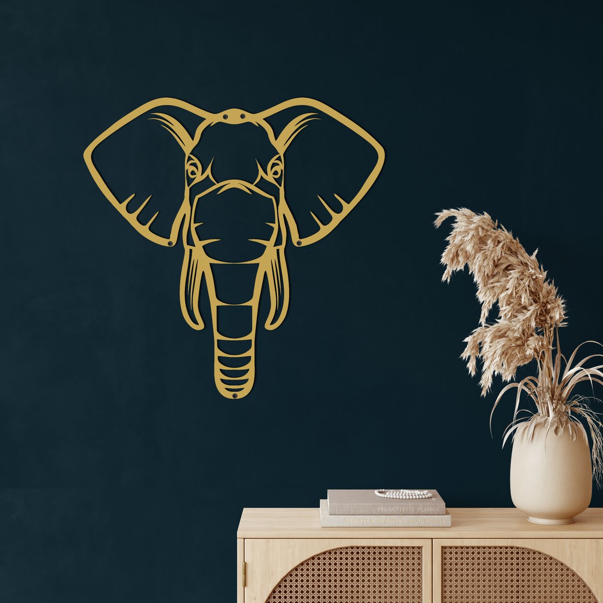 Wanddecoratie | Olifant Hoofd / Elephant Head| Metal - Wall Art | Muurdecoratie | Woonkamer | Buiten Decor |Gouden| 45x45cm