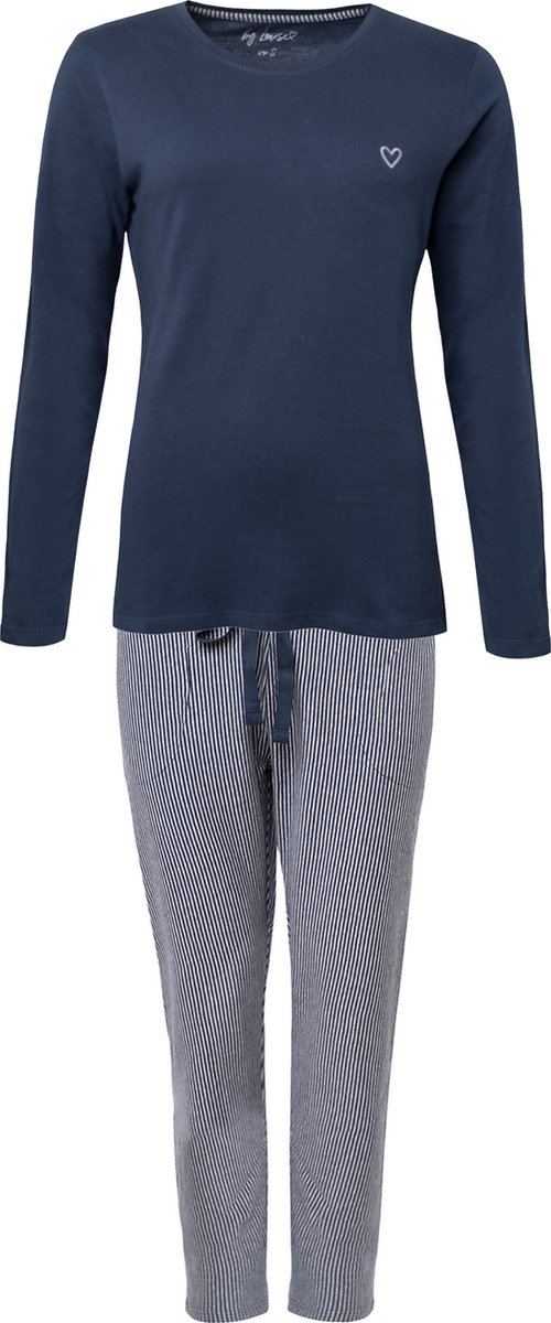 By Louise Essential Dames Pyjama Set Lang Katoen Blauw Gestreept - Maat XL