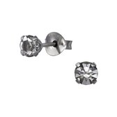 Joy|S - Zilveren ronde oorbellen - 4 mm - grijs kristal / black ruthenium -  oorknoppen