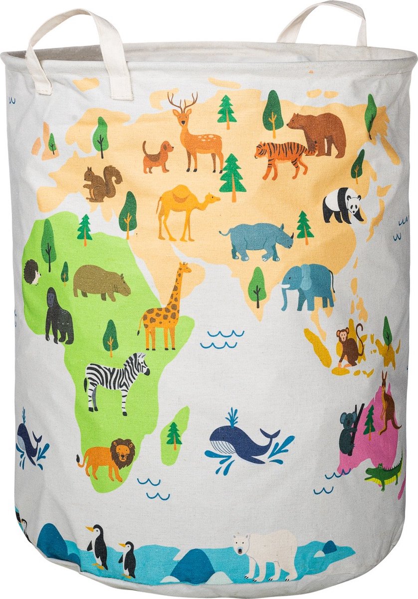 Educatieve Opbergmand kinderkamer speelgoed - Wereldkaart - Opbergmand met handgrepen - Wasmand voor Kinderkamer of Babykamer - Canvas - Opbergzak Speelgoed - Cadeau Kinder Kamer