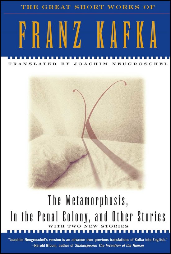 Boek kaft met de titel "The Great Short Works of Franz Kafka". Inhoud: "The Metamorphosis, In the Penal Colony, and Other Stories."