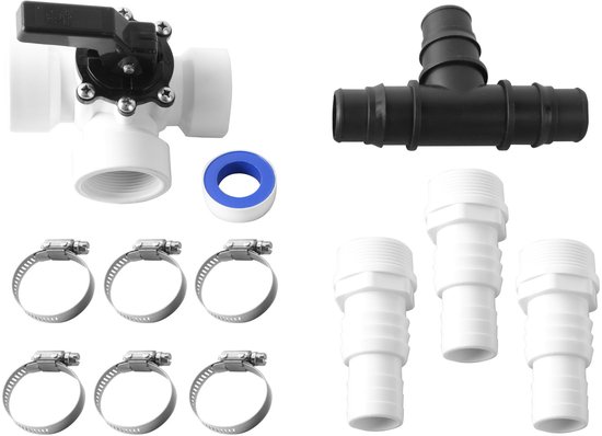 Set met witte 3-weg klep, zwarte T-stuk, witte adapters en slangklemmen.