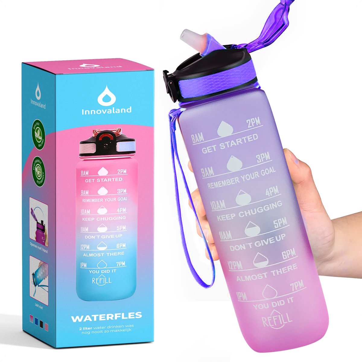 Innovaland Motivatie Waterfles Paars en Roze - 1 Liter Drinkfles - Waterfles met Rietje - Waterfles met tijdmarkering - BPA Vrij - Volwassenen - Kinderen -