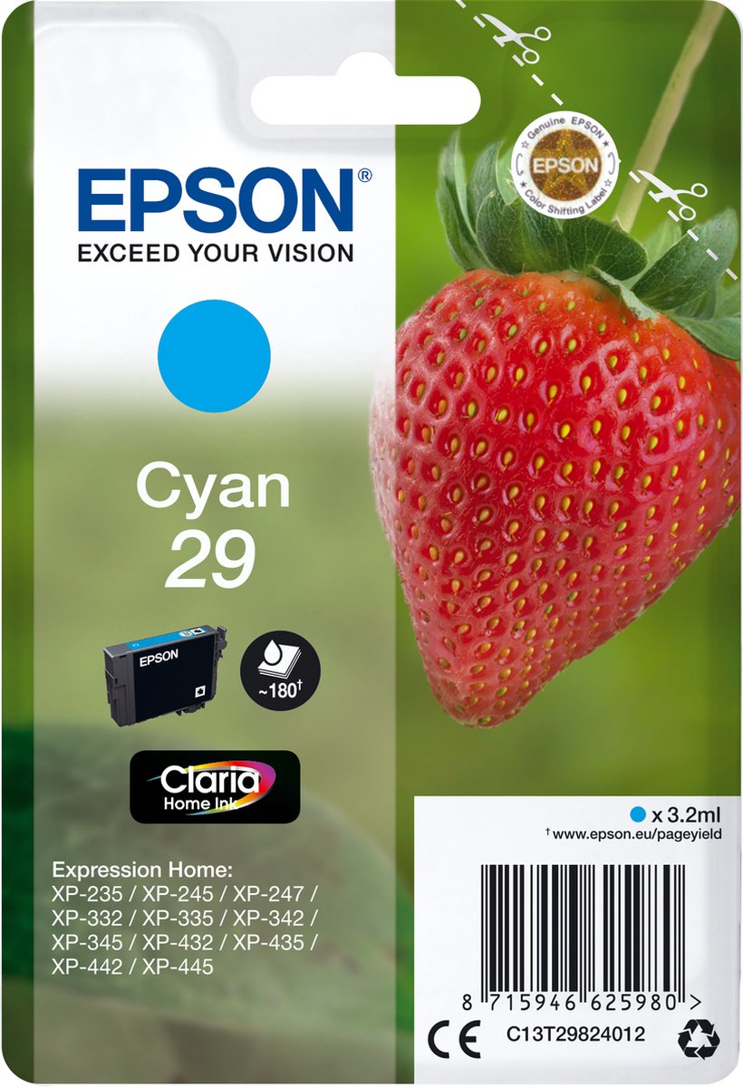 Epson Aardbei enkelverpakking Cyaan 29 Claria Home inkt