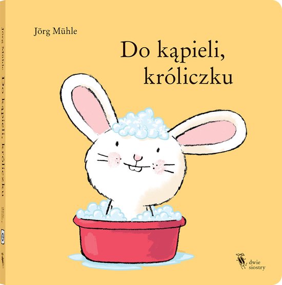 Een schattige witte konijnenillustratie met lange oren, met schuim in een rode wasbak. De titel 'Do kąpieli, króliczku' staat bovenaan.