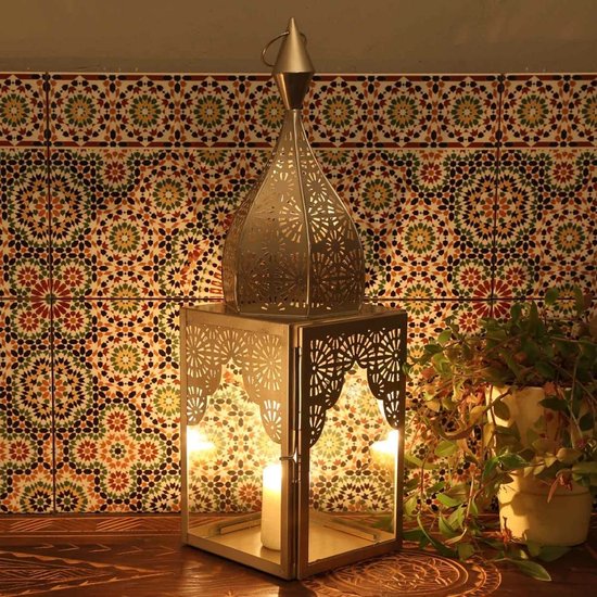 Oosters windlicht Modena Zilver L hoogte 45 cm minaretten vorm | Marokkaanse glazen lantaarn als uit 1001 nacht
