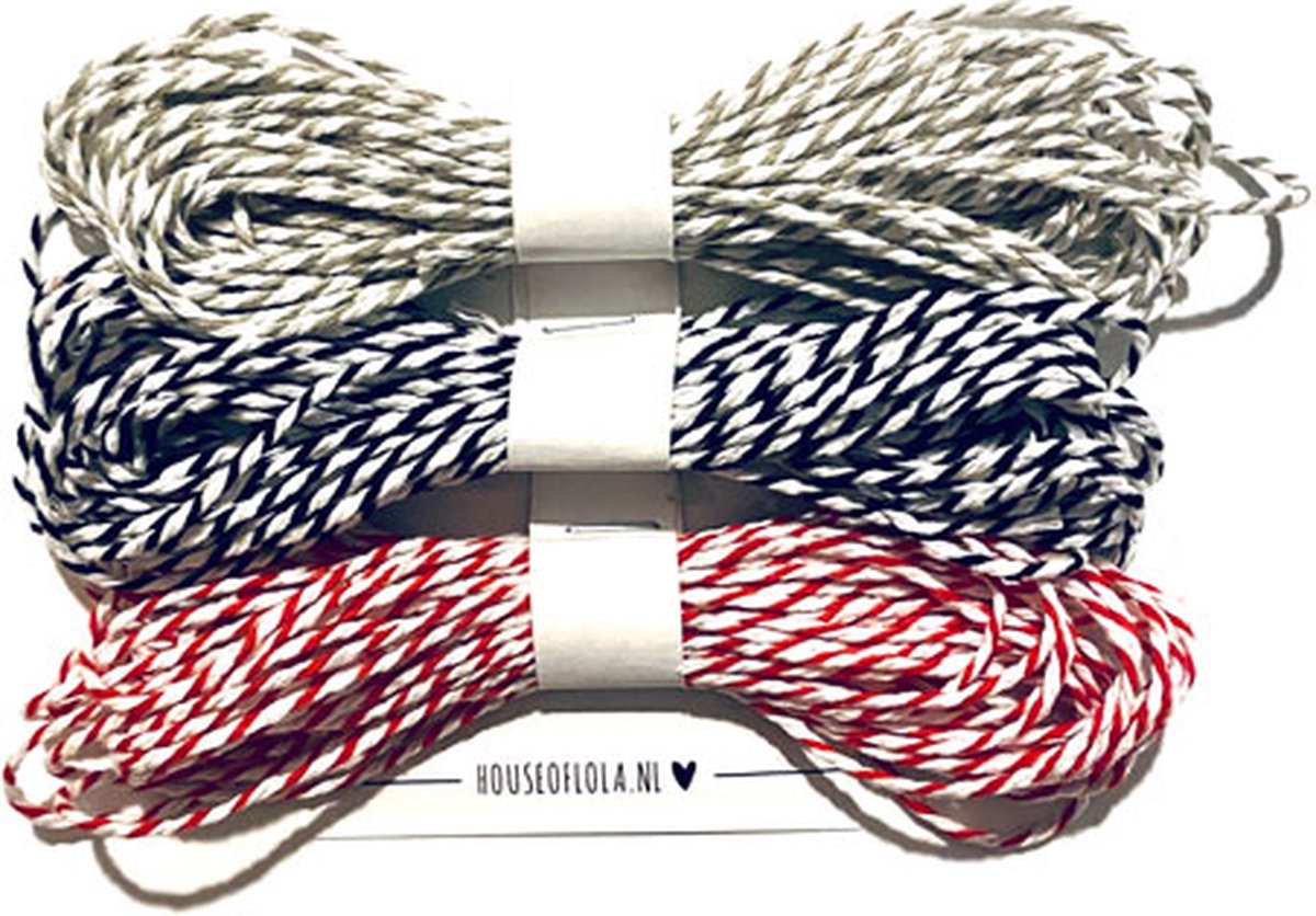 3 kleuren Bakkerstouw / Touw / Koord | 3 x 5 meter | 100% katoen | 2 mm | grijs-wit / zwart-wit / rood-wit