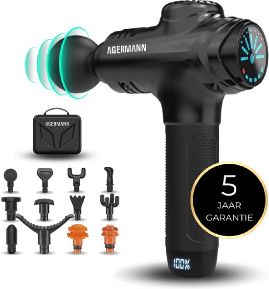 AGERMANN Massage Gun Professioneel Sport Massage Apparaat Theragun 12 opzetstukken LCD scherm 3300 mah Zwart