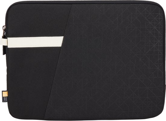 Zwarte laptophoes met witte band en geometrisch patroon. Case Logic logo.