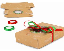 12 Stuks - Gebak Doosjes - Met Rood En Groen Lint - Kerst Koekjes Dozen -  Kerstkoekjes Geschenkdozen - Gebak Kerstcadeau Doosjes -  Kraft Papier Voedsel Dozen - Bedrukte Dozen Met Doorzichtig Venster - Herbruikbaar