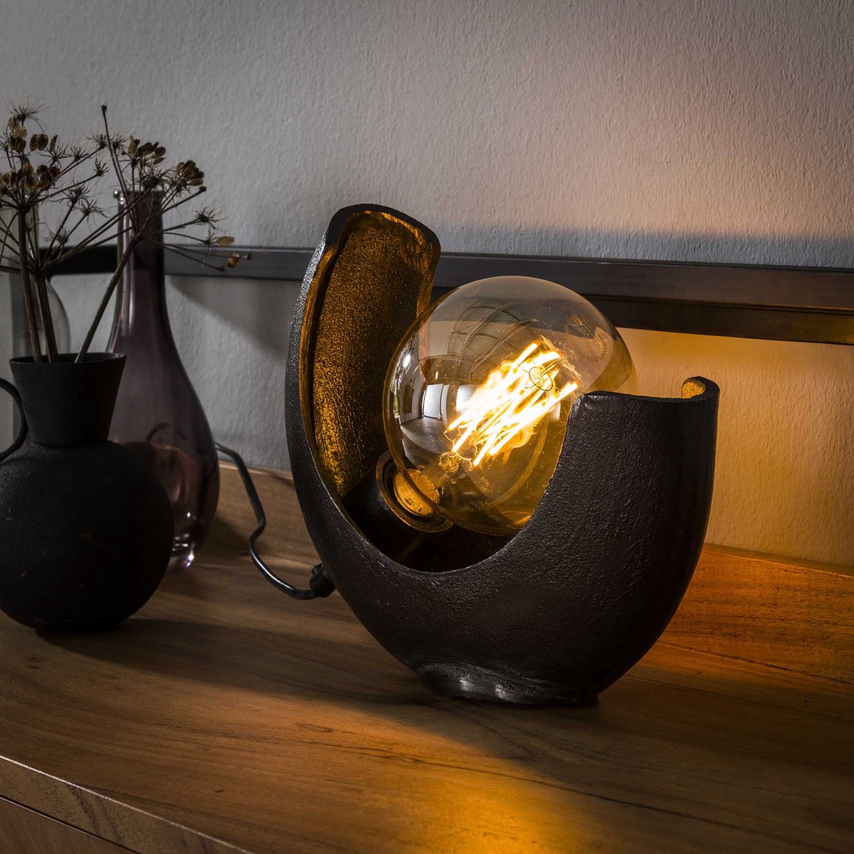 Tafellamp Half moon | 1 lichts | zwart / bruin | metaal | modern / landelijk design