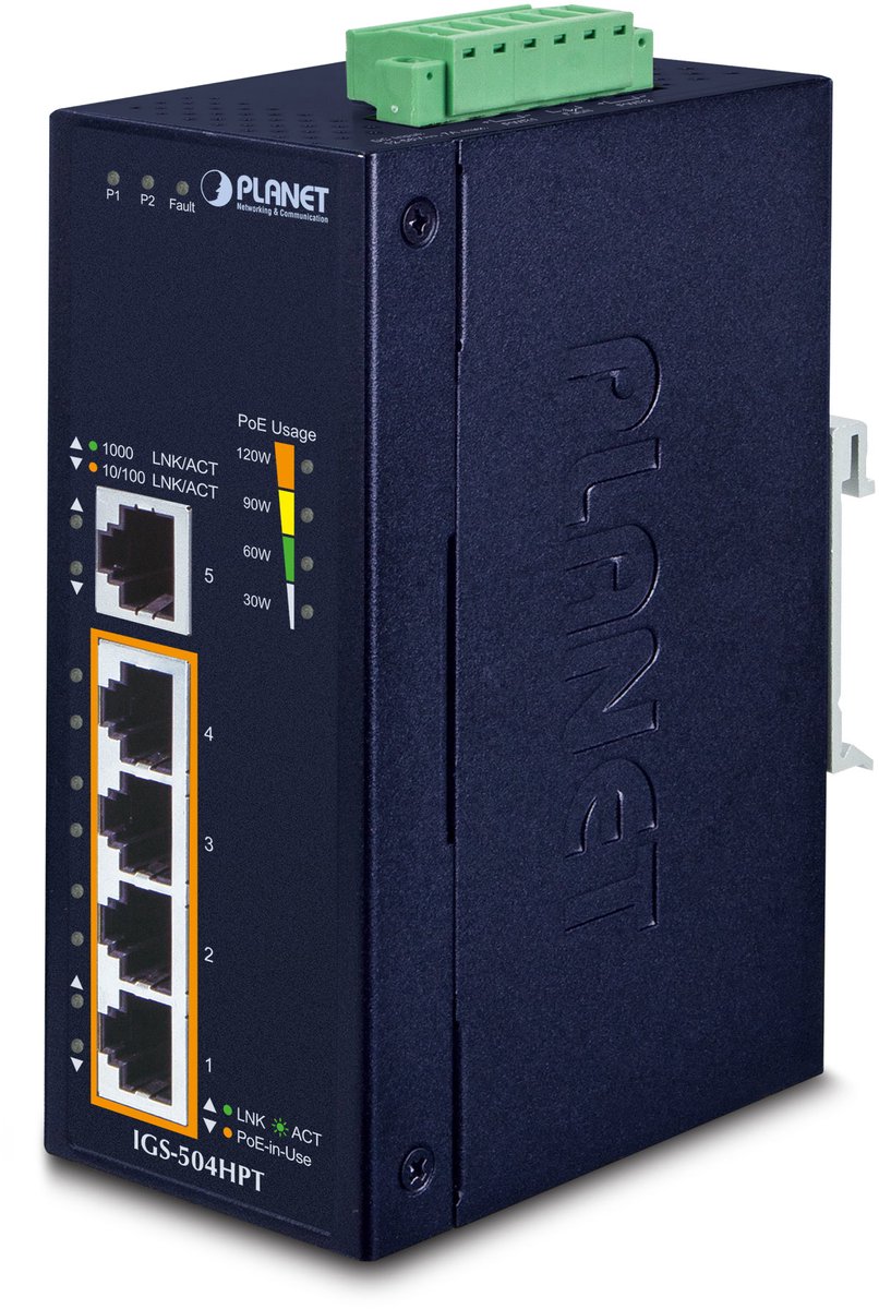 PLANET IGS-504HPT netwerk-switch Unmanaged L2 Gigabit Ethernet (10/100/1000) Power over Ethernet (PoE) Blauw