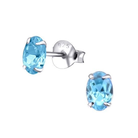 Joy|S - Zilveren ovaal oorbellen - 4 x 6 mm - kristal blauw - oorknopjes