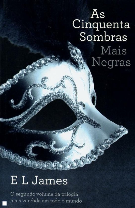 Een Venetiaans masker met zilveren pailletten en veren, met de titel "As Cinquenta Sombras Mais Negras".