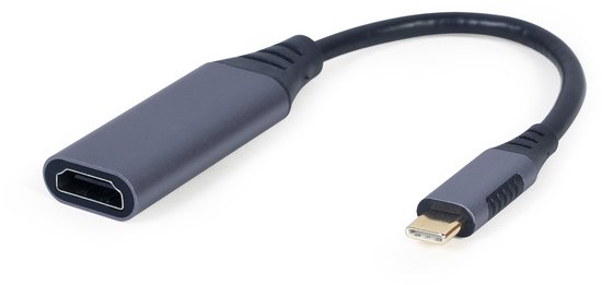 Grijze USB Type-C naar HDMI adapterkabel met gebogen draad.