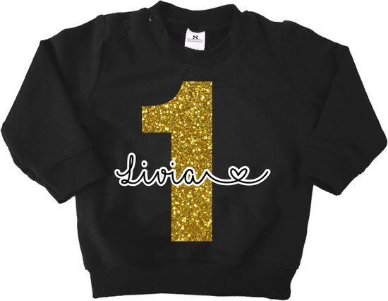 Verjaardag sweater 1 jaar glitter goud met naam-Maat 74