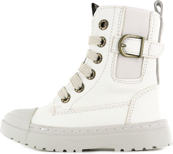 Witte leren enkelboot met gesp, rits en veters