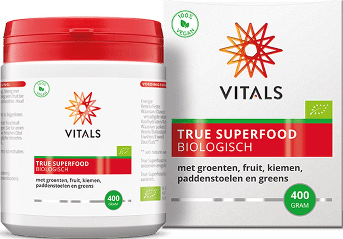 Goedkoopste Vitals True Superfood Biologisch 400 gram. Brede aanvulling van nutriënten met groenten, fruit, kiemen, paddenstoelen en greens.