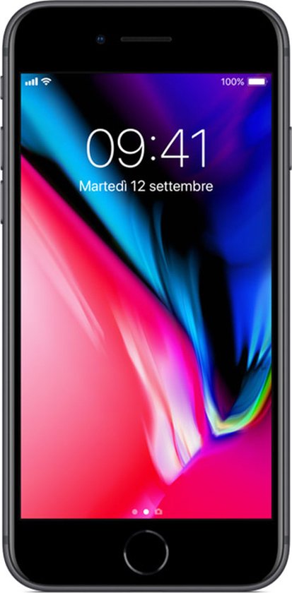 Donkergrijze iPhone 8 met de tijd en datum op het scherm.