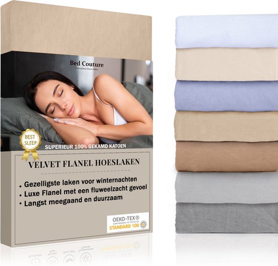 Bed Couture Velvet Flanel Hoeslaken - 100%  Gekamd Katoen - Hoge Hoek 30cm - Eenpersoons 100x200 cm -  Goud Beige