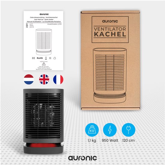 Zwarte verwarming met rode basis, naast een doos en handleiding. Specificaties: 1,1 kg, 950 Watt, 120 cm snoer.
