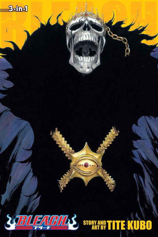 Couverture de livre avec un crâne couronné, une cape noire et le logo Bleach.