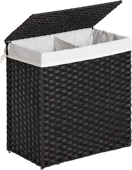 SONGMICS Opbergmand, vuile wasmand, 160 l, met deksel, opvouwbaar, afneembare stoffen zakken en handgrepen, voor dekens, kleding, woonkamer, slaapkamer, wasruimte, houtkleur LCB216Y01